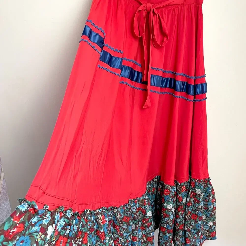 Vintage Handmade Prairie Maxi Skirt Sz 6‎ Tiered Ruffle Floral Folk Cottage Boho